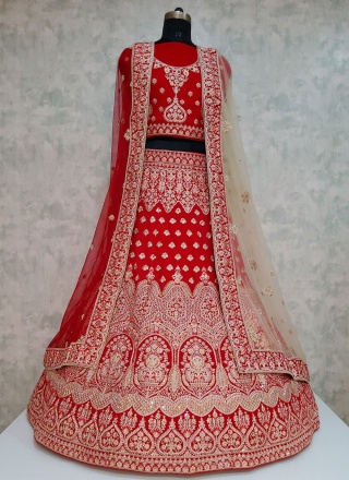 Red Embroidered Velvet Designer Lehenga Choli