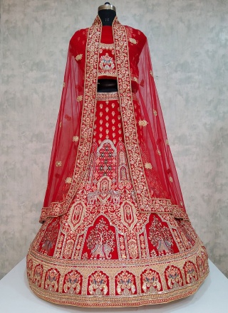 Red Embroidered Velvet Designer Lehenga Choli