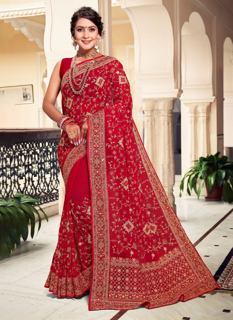 Red Georgette Embroidered Contemporary Saree