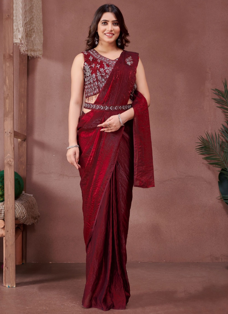 Red Party Satin Contemporary Saree