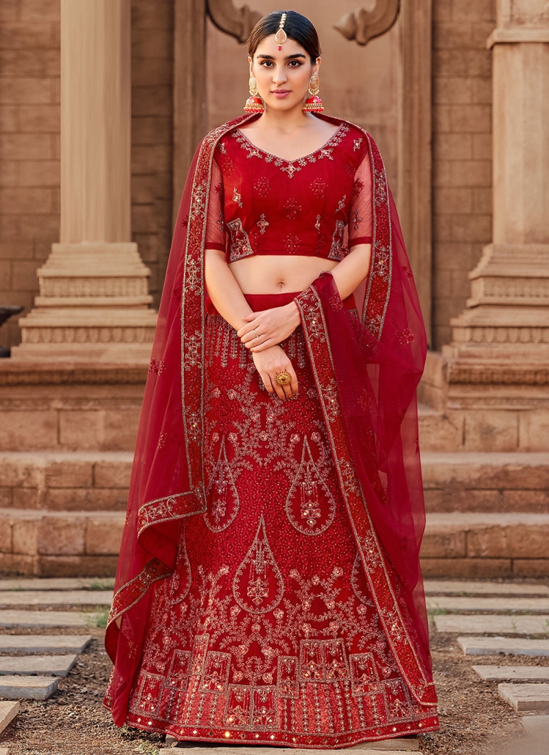 Buy Coral Red Zari Embroidered Silk Lehenga Choli In UK