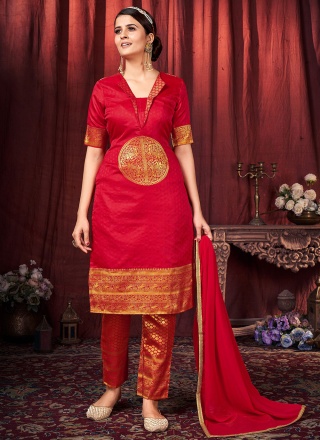 Refreshing Art Silk Red Woven Salwar Kameez