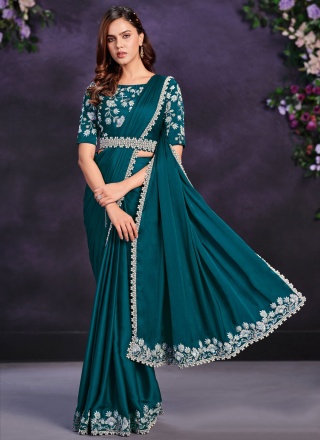 Refreshing Thread Teal Satin Silk Traditional Saree