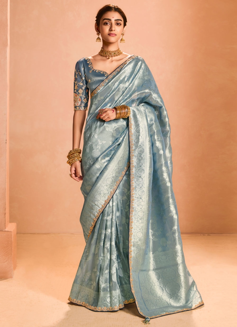 Regal Blue and Grey Tissue Traditional Saree