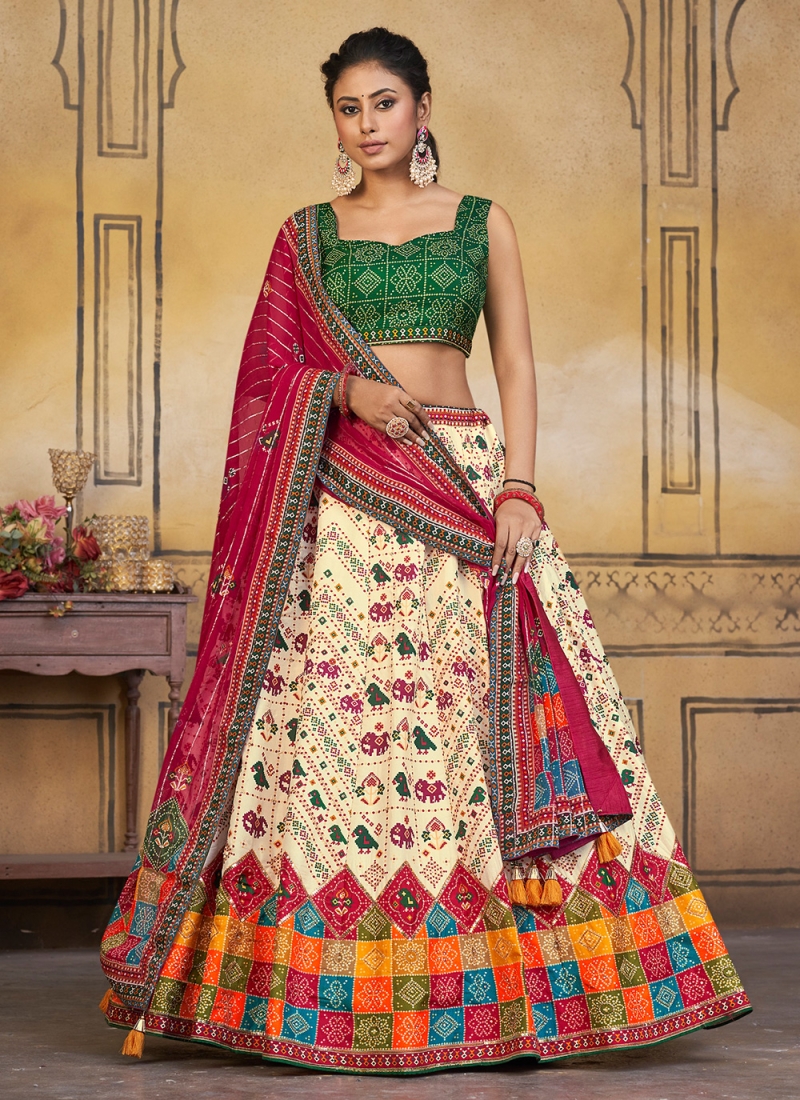 Evergreen Bollywood Diva Madhuri Replica Cream-Red Lehenga - MiaIndia.com