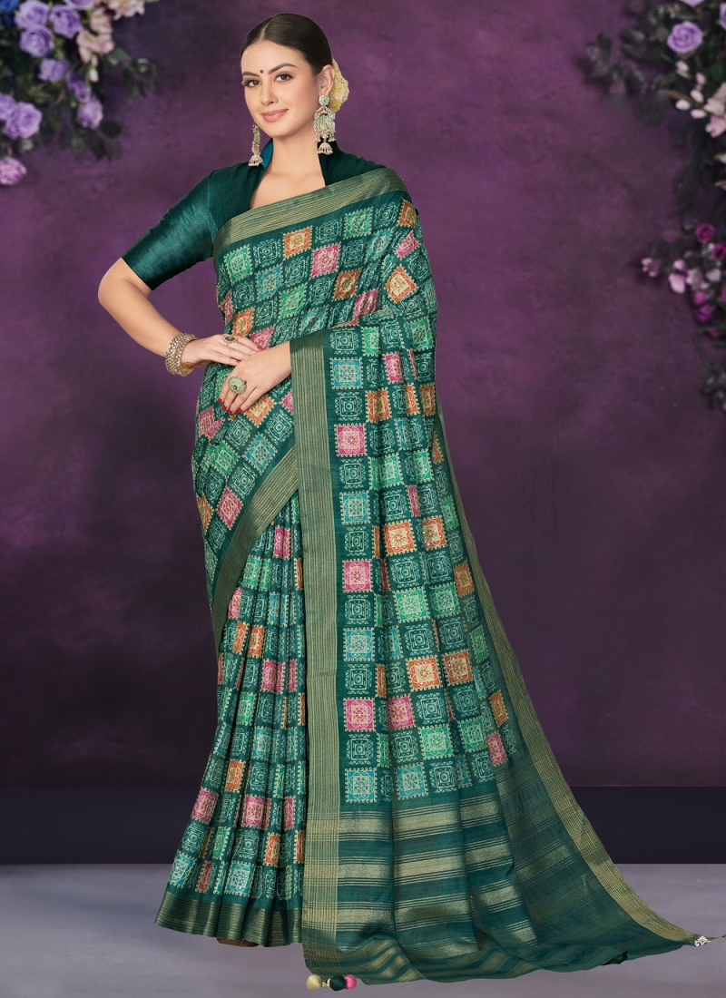 Remarkable Geometric Print Tussar Silk Green Designer Saree