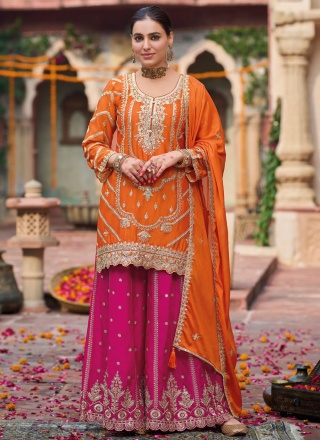 Remarkable Orange Embroidered Chinon Readymade Salwar Kameez