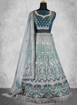 Remarkable Velvet Teal Sequins Designer Lehenga Choli