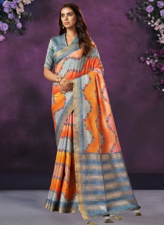 Renowned Crepe Silk Orange Woven Contemporary Saree