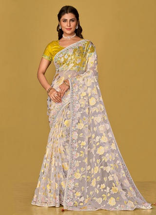 Renowned Organza Off White Sequins Classic Saree