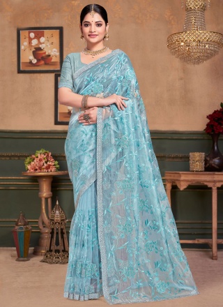 Riveting Aqua Blue Contemporary Saree