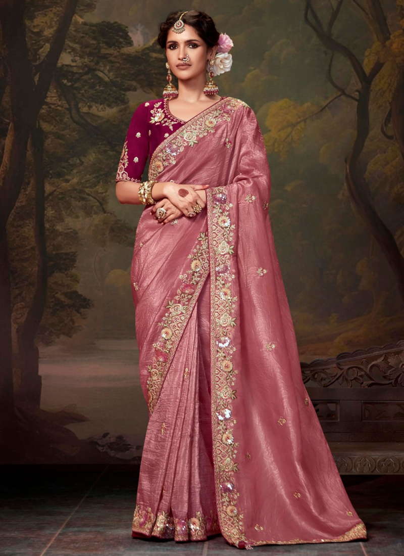 Riveting Organza Pink and Rani Sequins Classic Saree