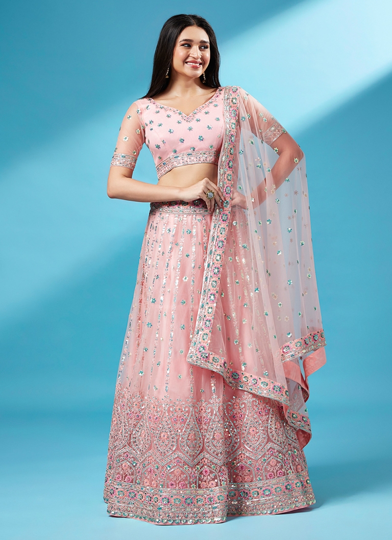 Sky Blue And Pink Embroidered Lehenga For Weddings | Latest Kurti Designs