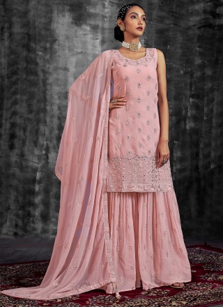 Rose Pink Zari Wedding Straight Salwar Kameez