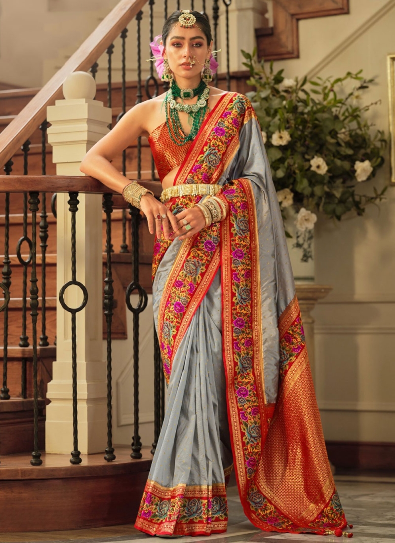 Royal Grey Jacquard Work Silk Classic Saree