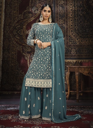 Ruritanian Faux Georgette Resham Teal Palazzo Salw