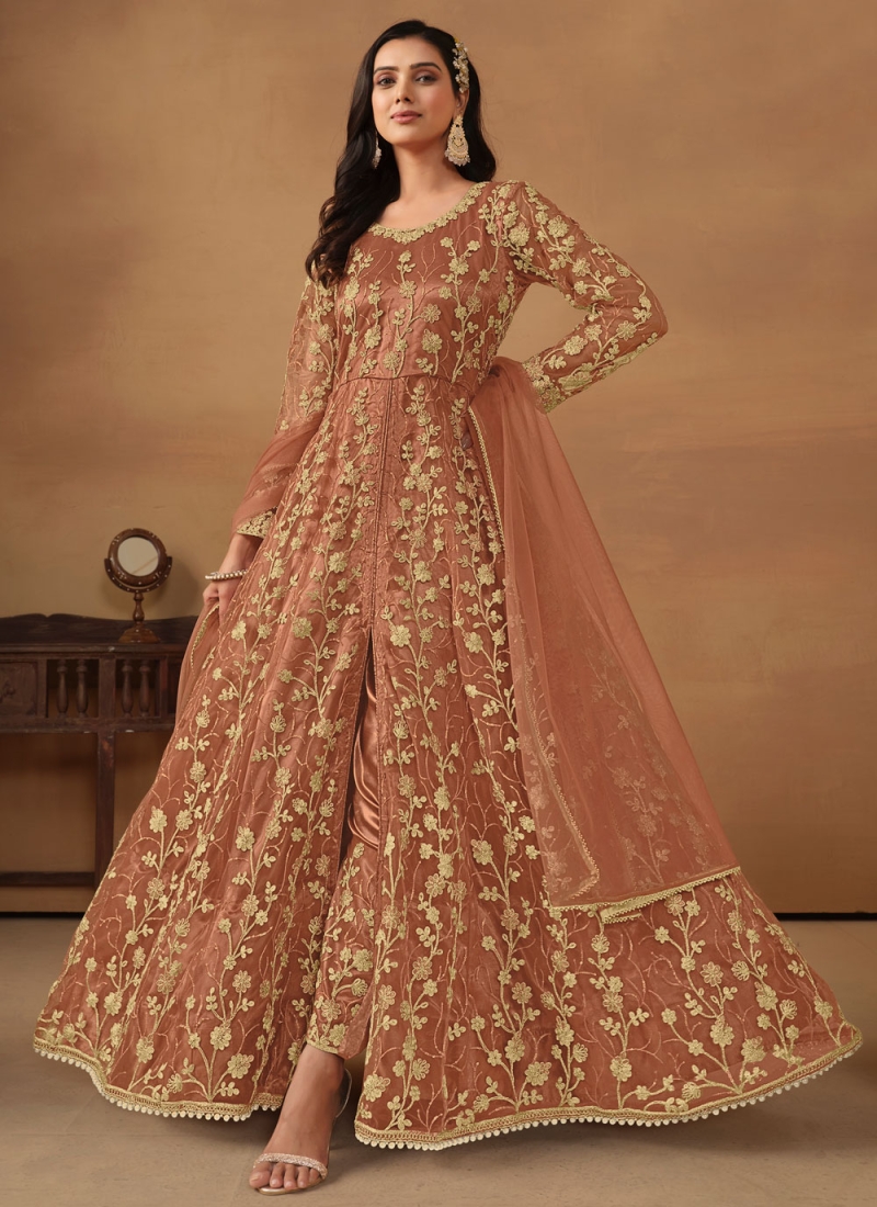 Rust Net Embroidered Salwar Kameez