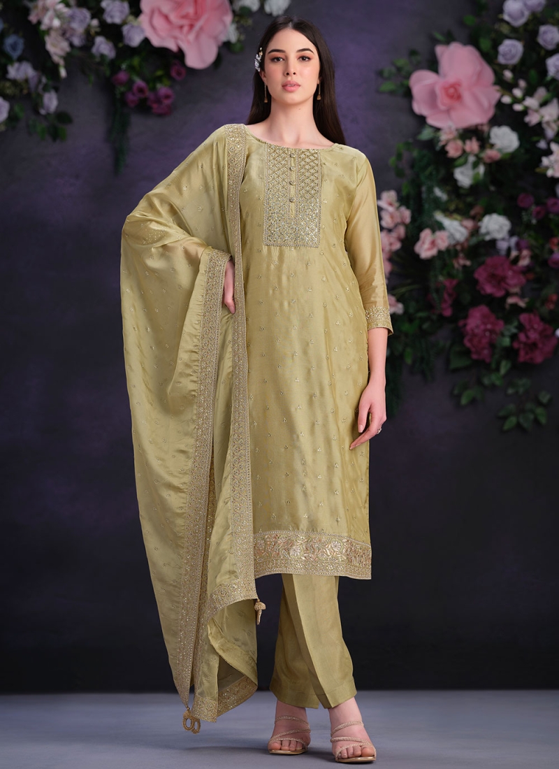 Salwar Suit Embroidered Organza in Yellow