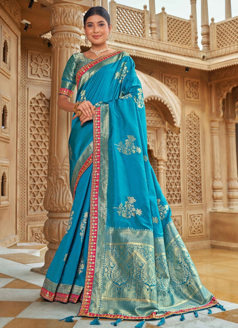 Swtantra Aqua Blue Organza Striped Saree With Blouse