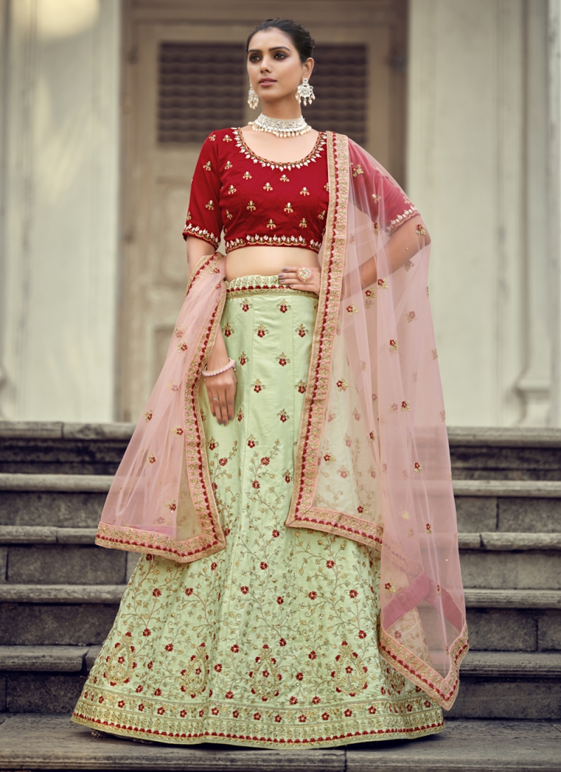 Satin Embroidered Green A Line Lehenga Choli