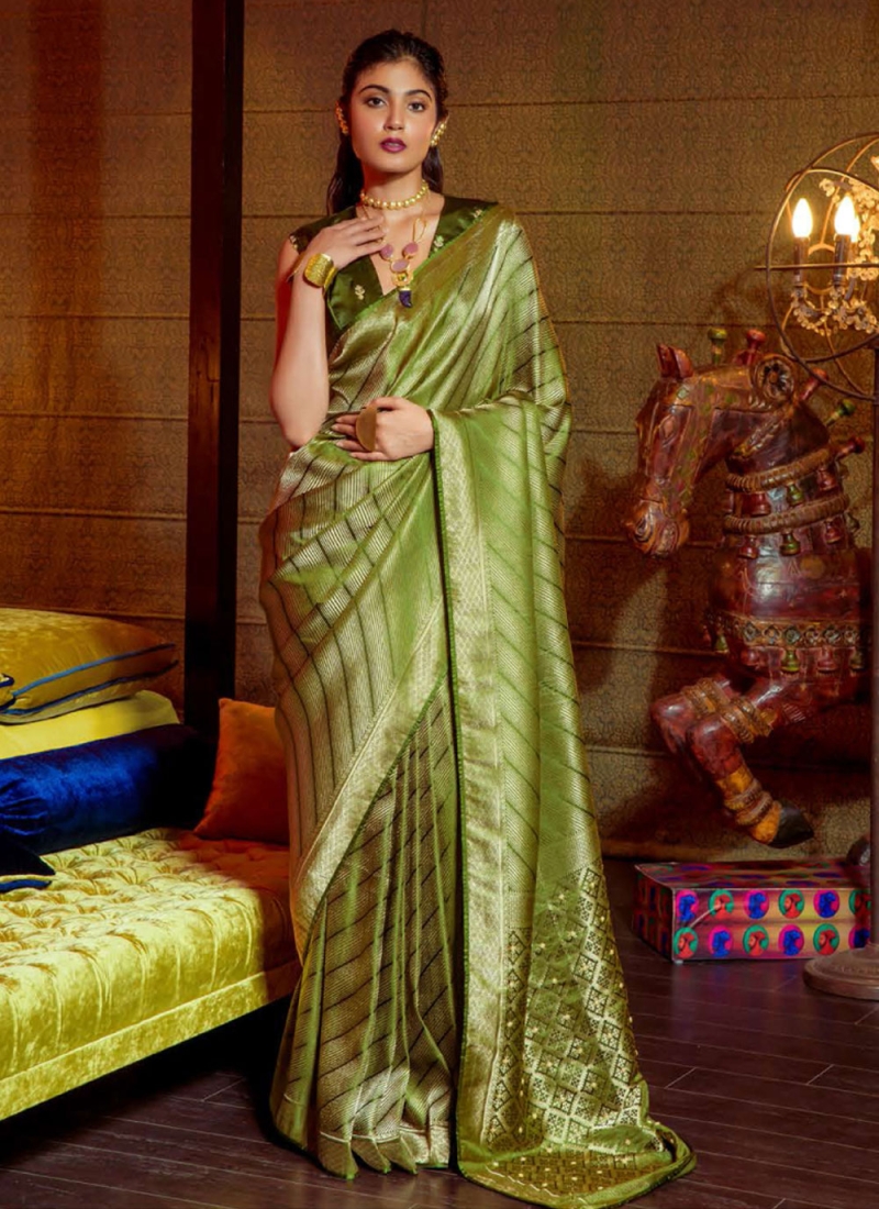 Satin Green Embroidered Designer Saree