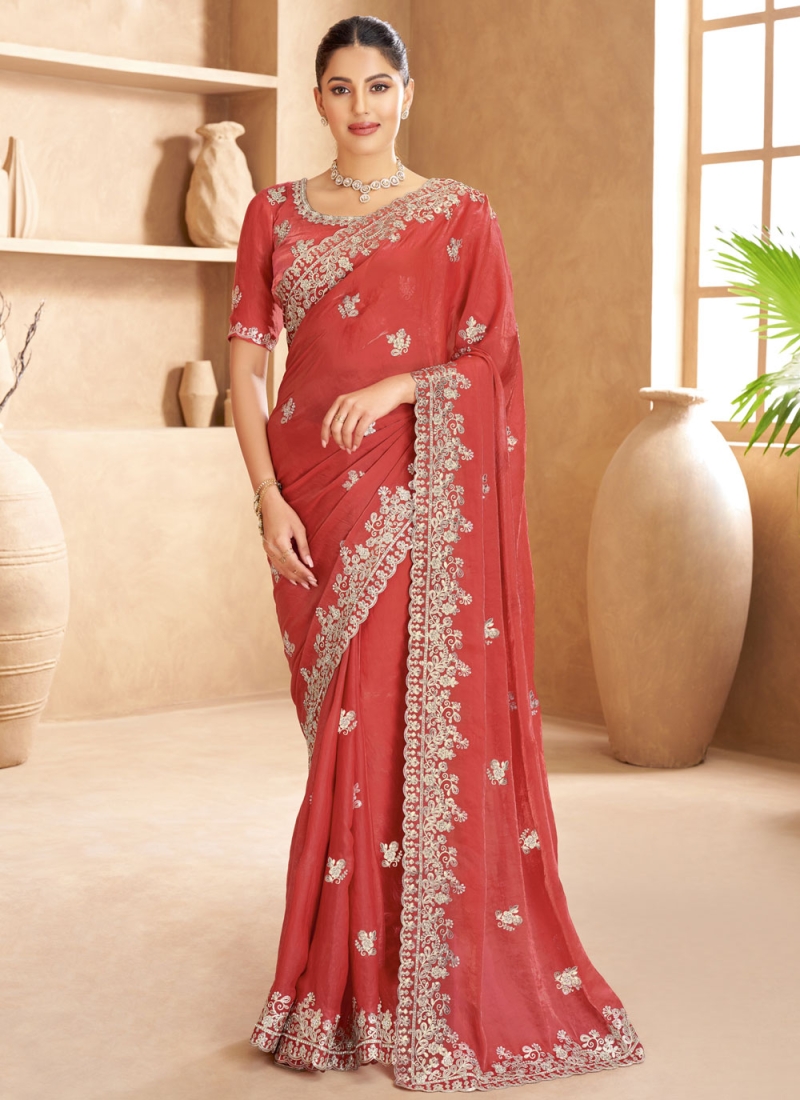 Satin Sequins Crimson Designer Saree