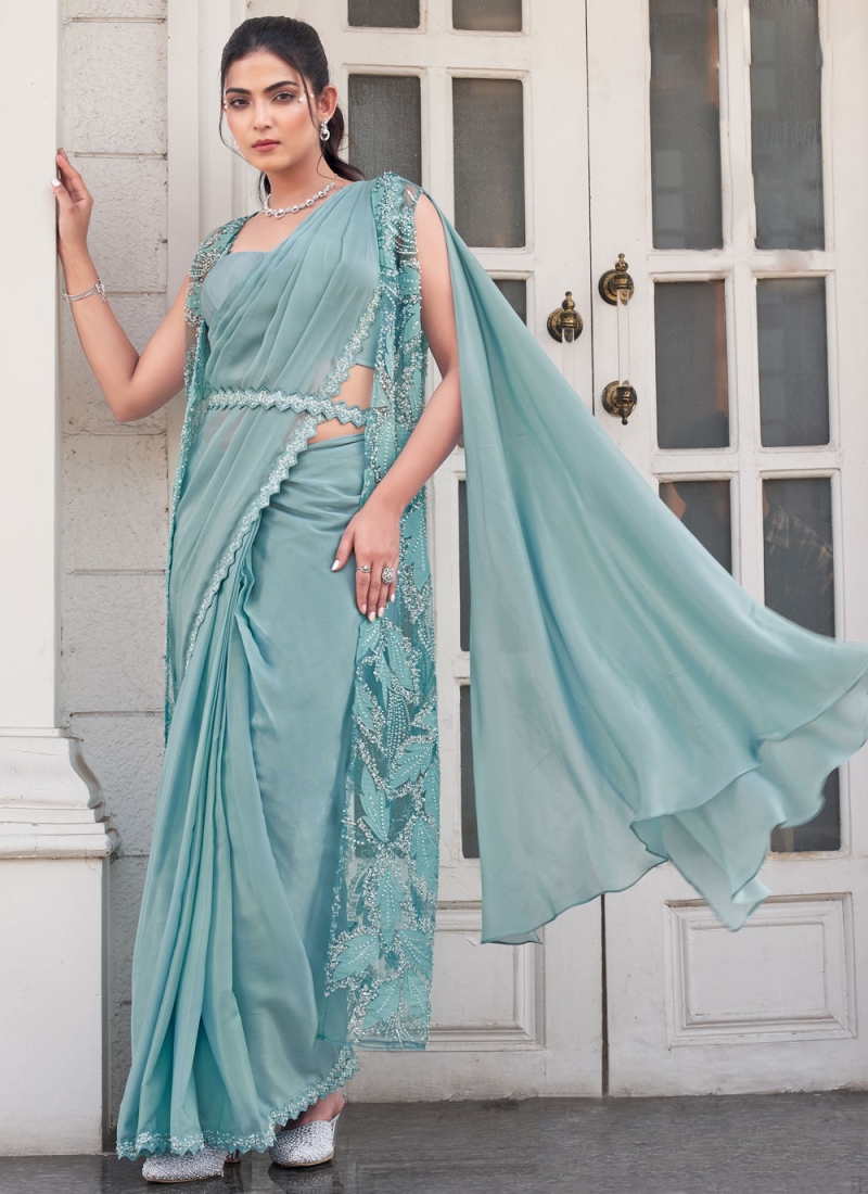 Satin Silk Aqua Blue Thread Classic Saree