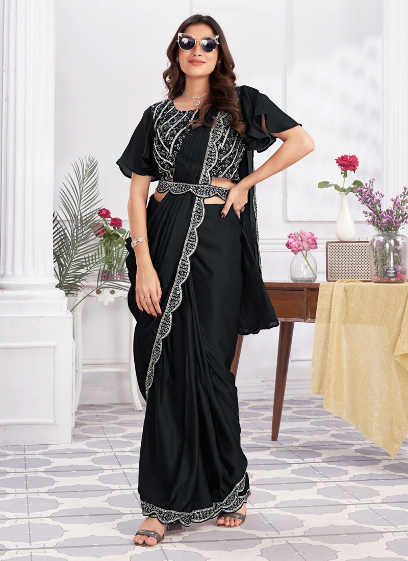 Satin Silk Black Embroidered Saree