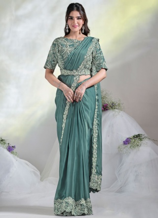 Satin Silk Designer Saree in Teal and Turquoise