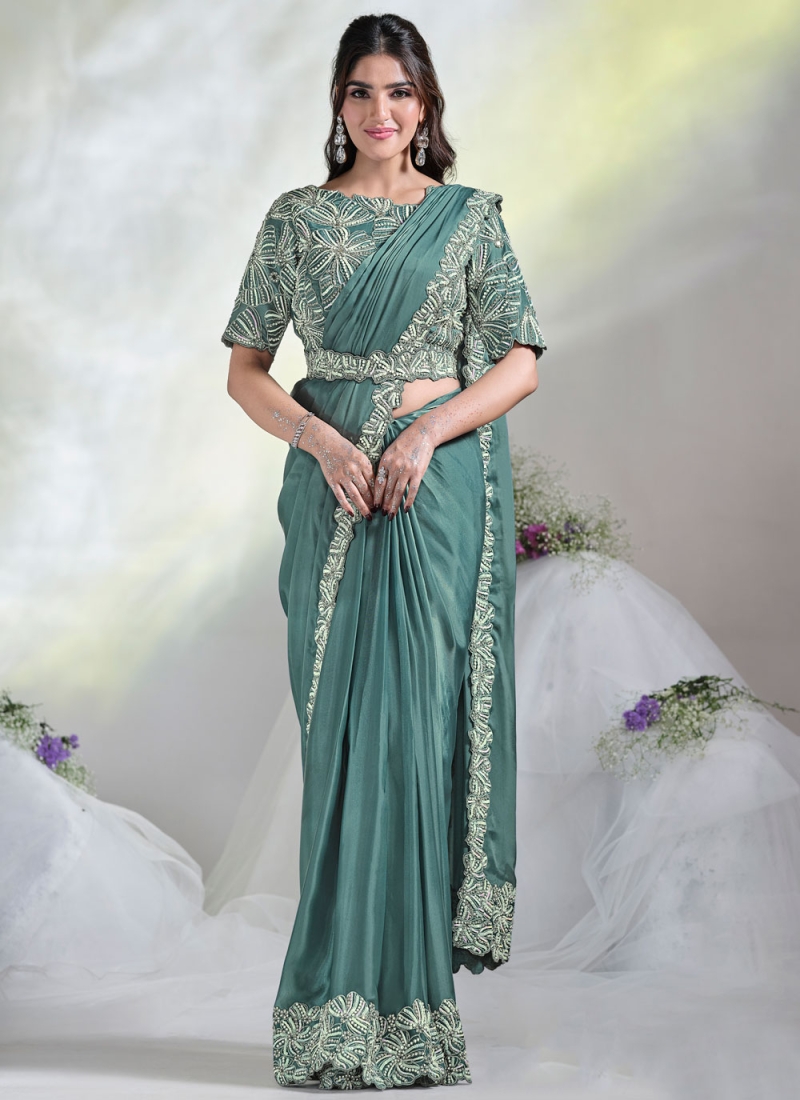 Satin Silk Designer Saree in Teal and Turquoise