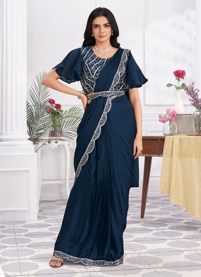 Satin Silk Embroidered Trendy Saree in Navy Blue
