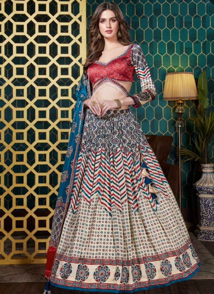 Indian Designer Lehenga Beige Colour in Net Fabric.