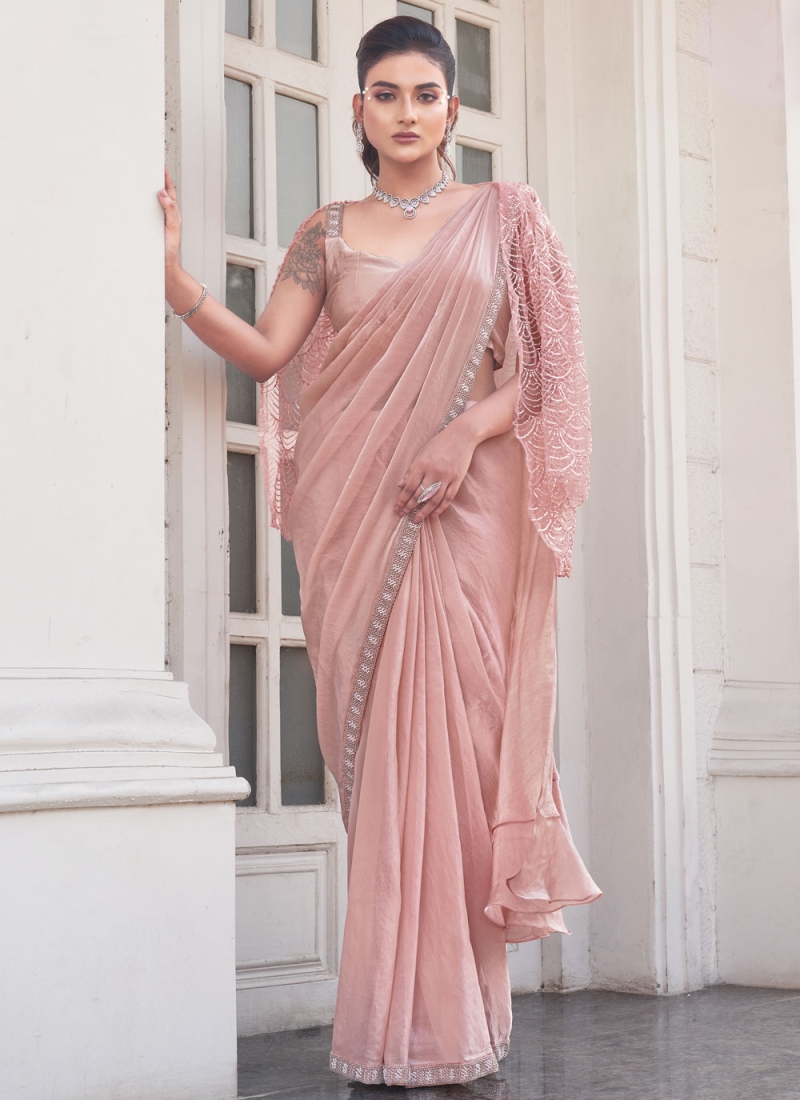 Satin Silk Peach Moti Trendy Saree