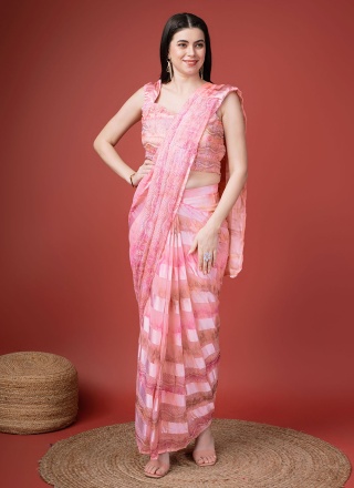 Satin Silk Swarovski Contemporary Saree in Pink