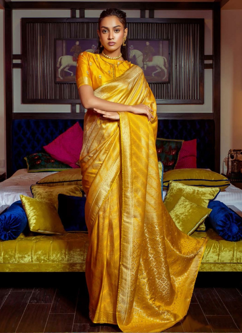Satin Yellow Contemporary Saree