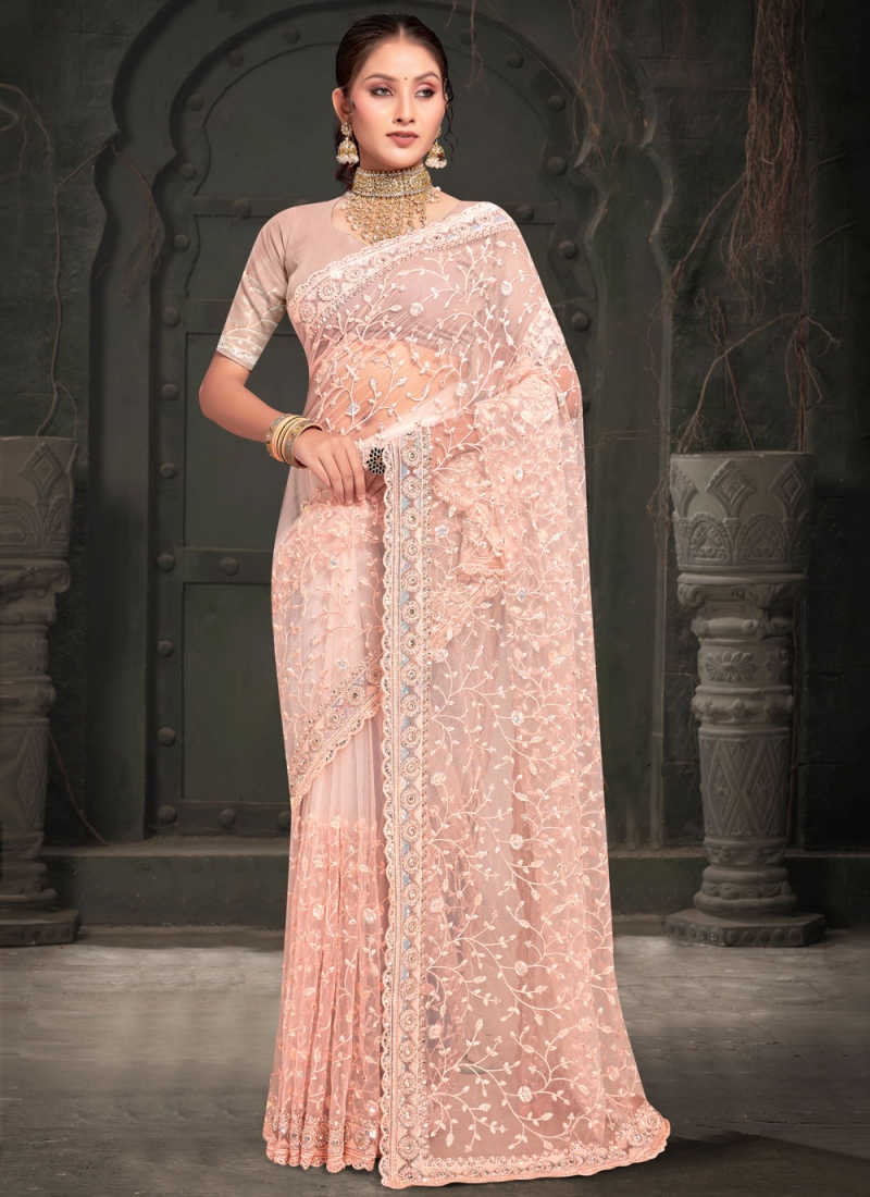 Savory Peach Sequins Net Designer Saree