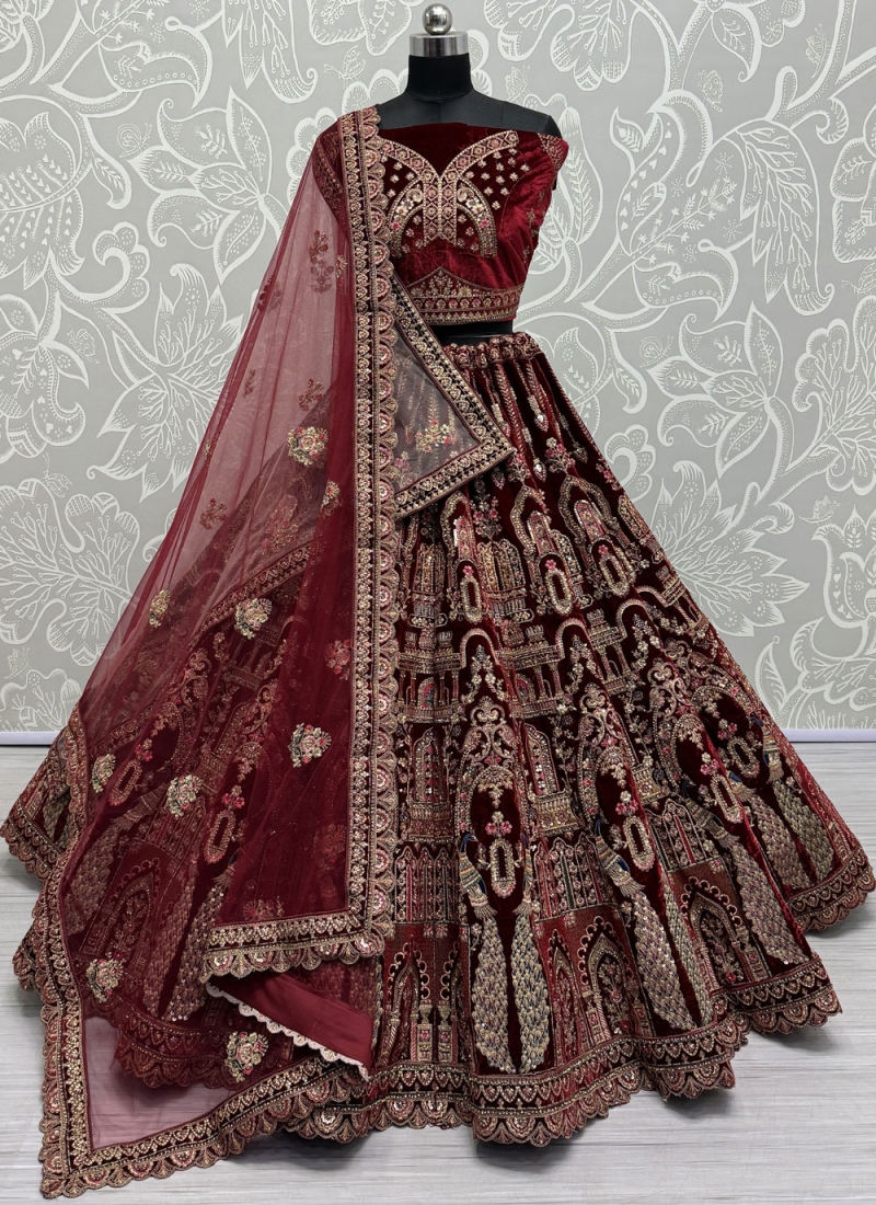 Savory Velvet Maroon Sequins Trendy Lehenga Choli