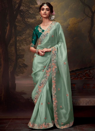 Scintillating Organza Aqua Blue Designer Saree