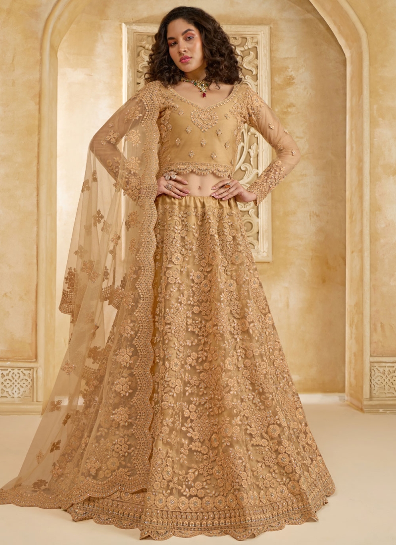 Scintillating Stone Net Brown Lehenga Choli