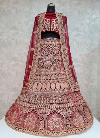 Scintillating Velvet Embroidered Maroon Trendy Lehenga Choli