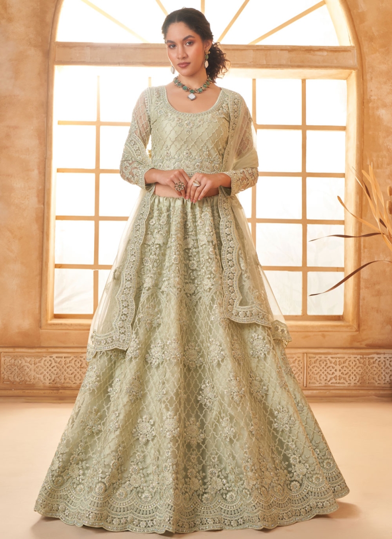 Sea Green Floral Patterns Mehndi Lehenga Choli