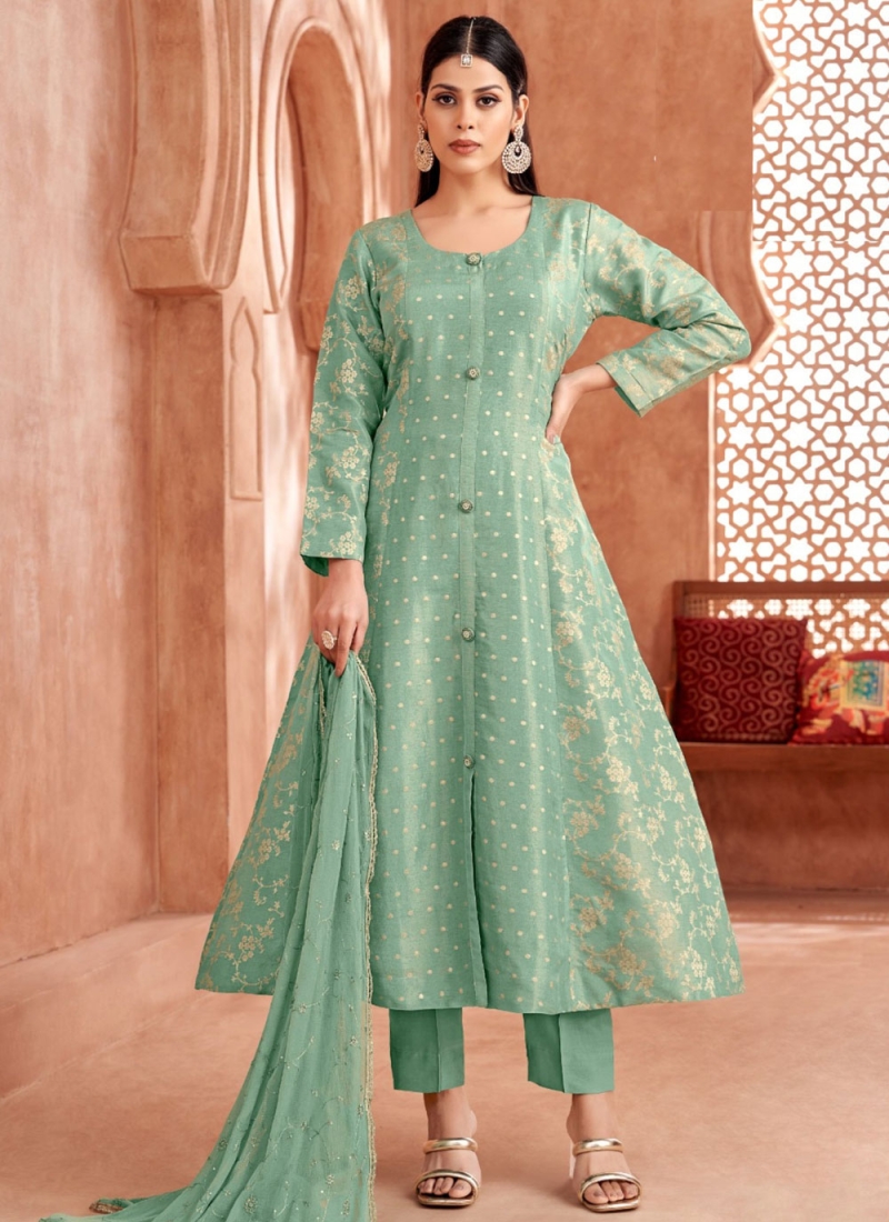 Sea Green Jacquard Work Ceremonial Trendy Salwar Kameez