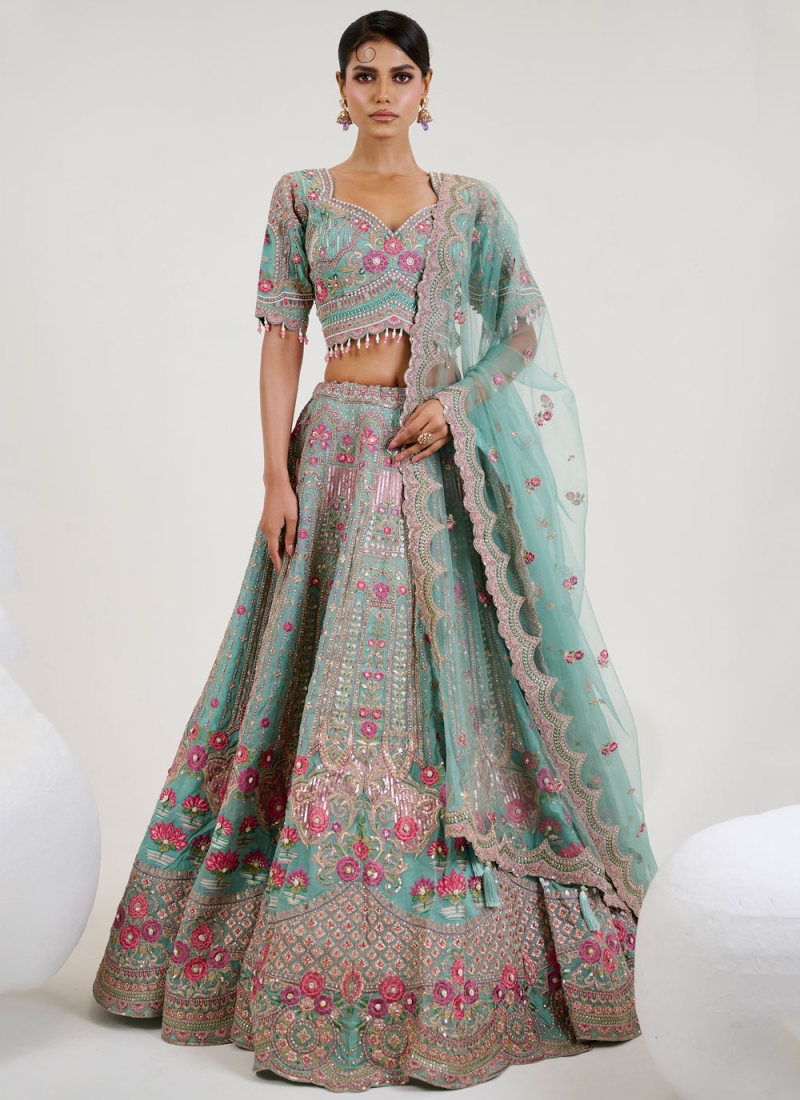 Sea Green Organza Thread Readymade Lehenga Choli