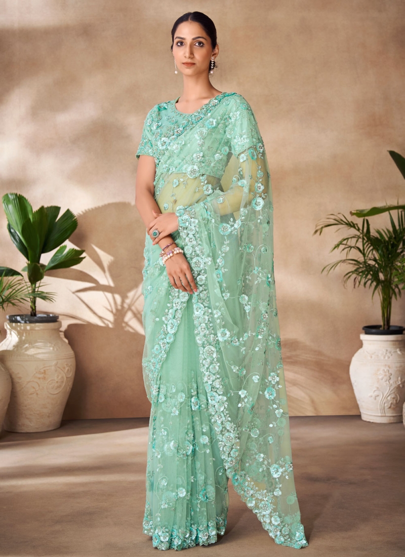 Sea Green Party Net Contemporary Saree