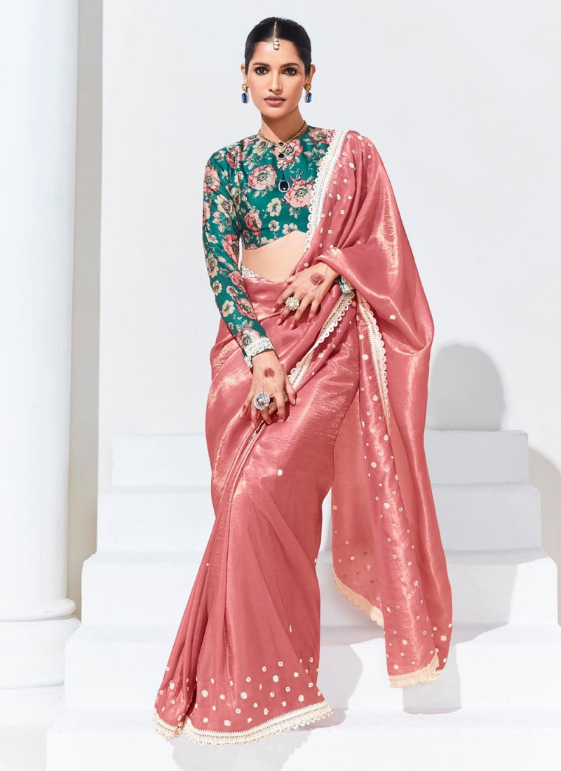 Sensational Organza Peach Embroidered Saree