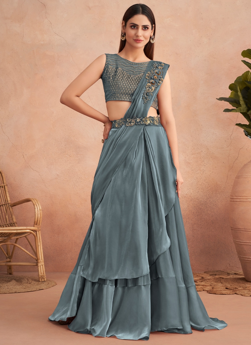 Indo Western MOH5020 Party Cocktail Wear Blue Georgette Silk Sari Gown