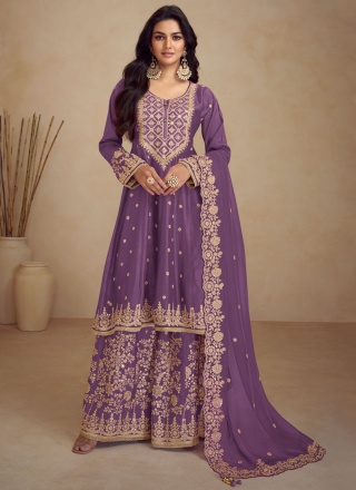 Sequins Chinon Readymade Salwar Kameez in Purple