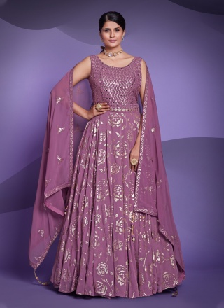 Sequins Georgette Readymade Gown in Purple