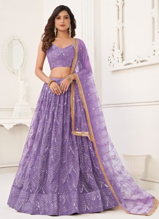 Sequins Net Lehenga Choli in Purple