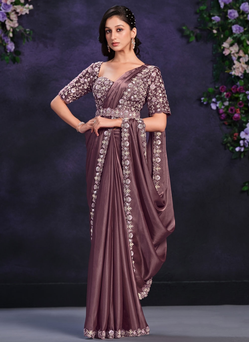 Sequins Satin Silk Contemporary Saree in Brown